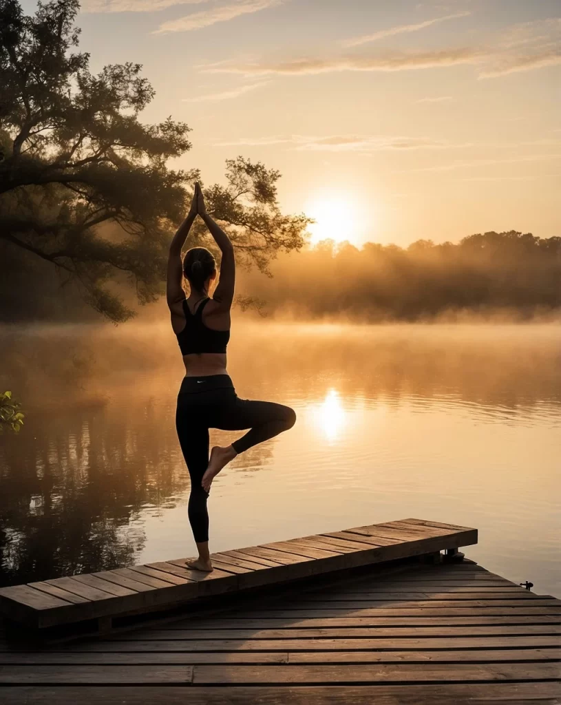 woman doing yoga poses by the lake