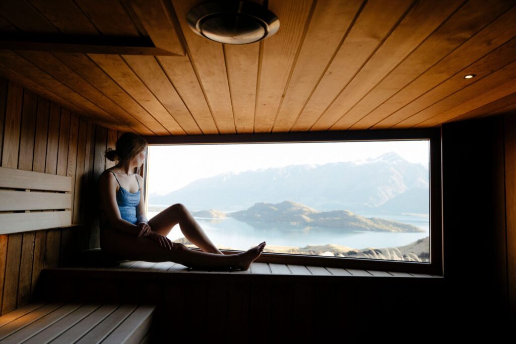 spa with mountains and lake view